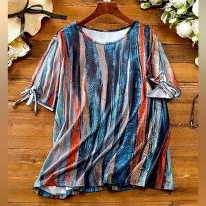 Striped Multicolor Women's 1XL Top w/Open Upper Arm Tie Detail 100% Polyester